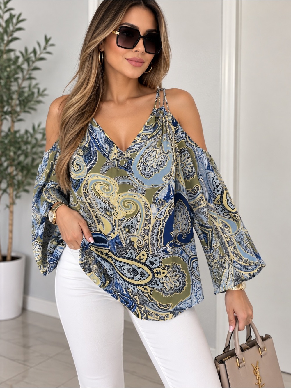 Paisley Cold-Shoulder V-Neck Blouse in Blue and Olive